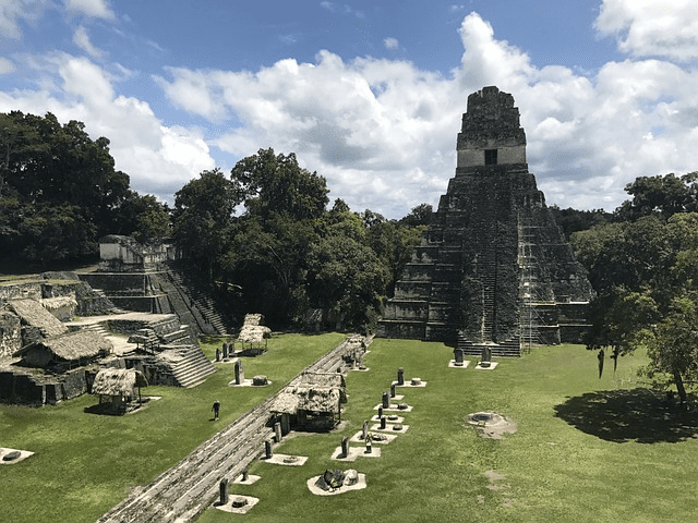 Grand plaza with views of the acropolis and pyramids.